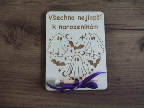 Dřevěné přání k narozeninám s duchy